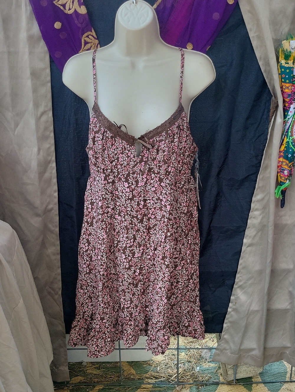 No Boundaries Brown Slip Dress with Pink Floral Print
